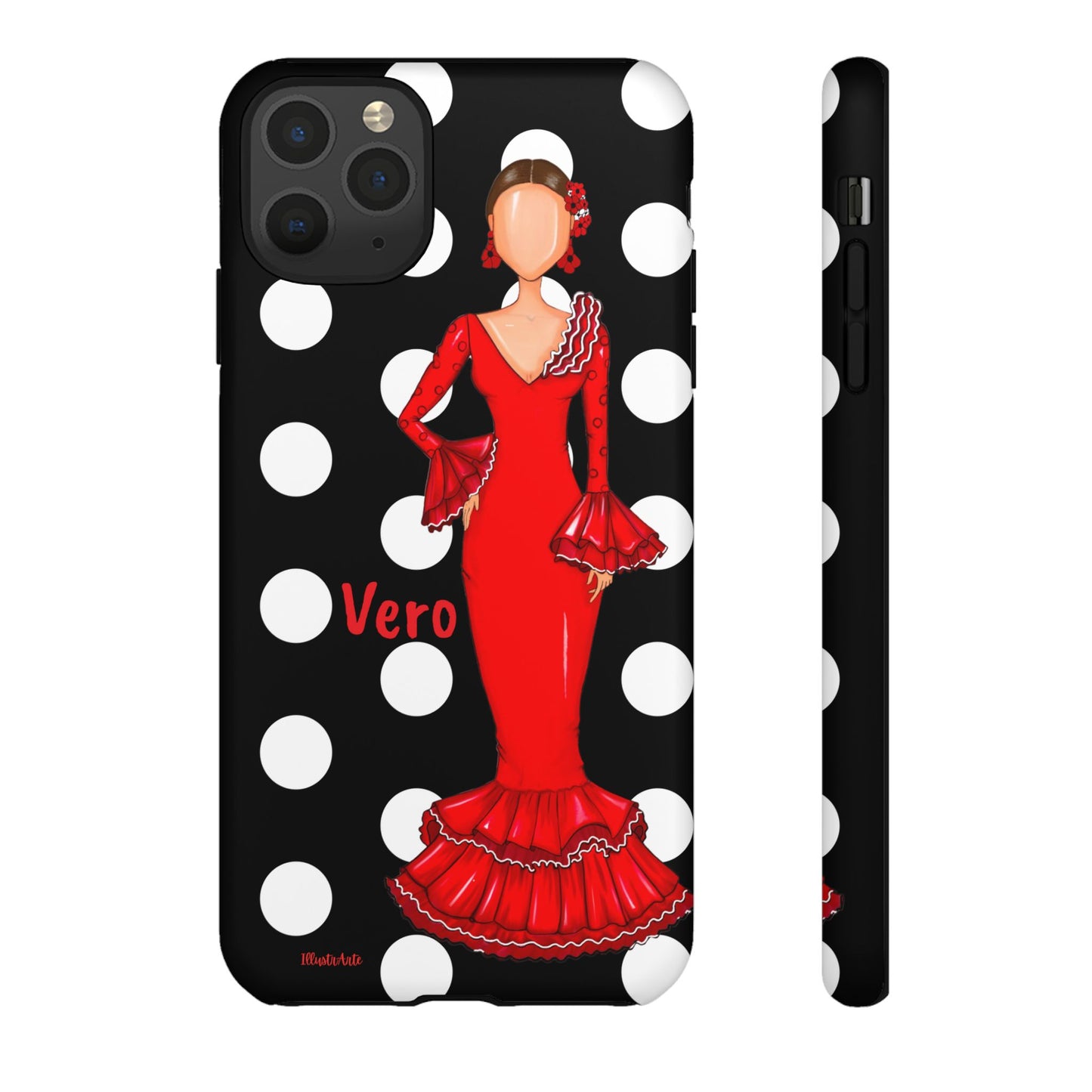 una funda para teléfono con una mujer en un vestido rojo