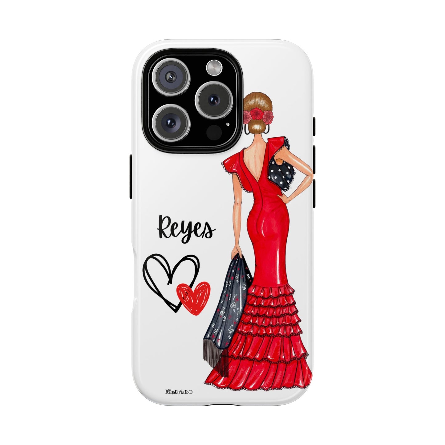 una funda de teléfono con una mujer en un vestido rojo