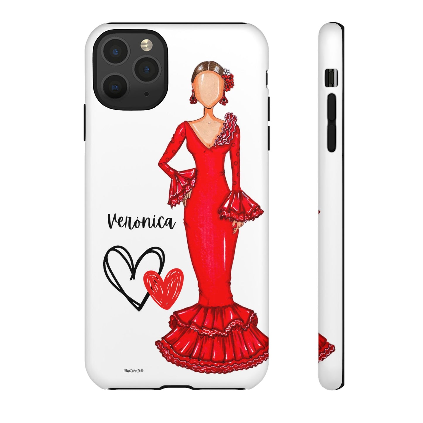 una funda de teléfono con un dibujo de una mujer en un vestido rojo