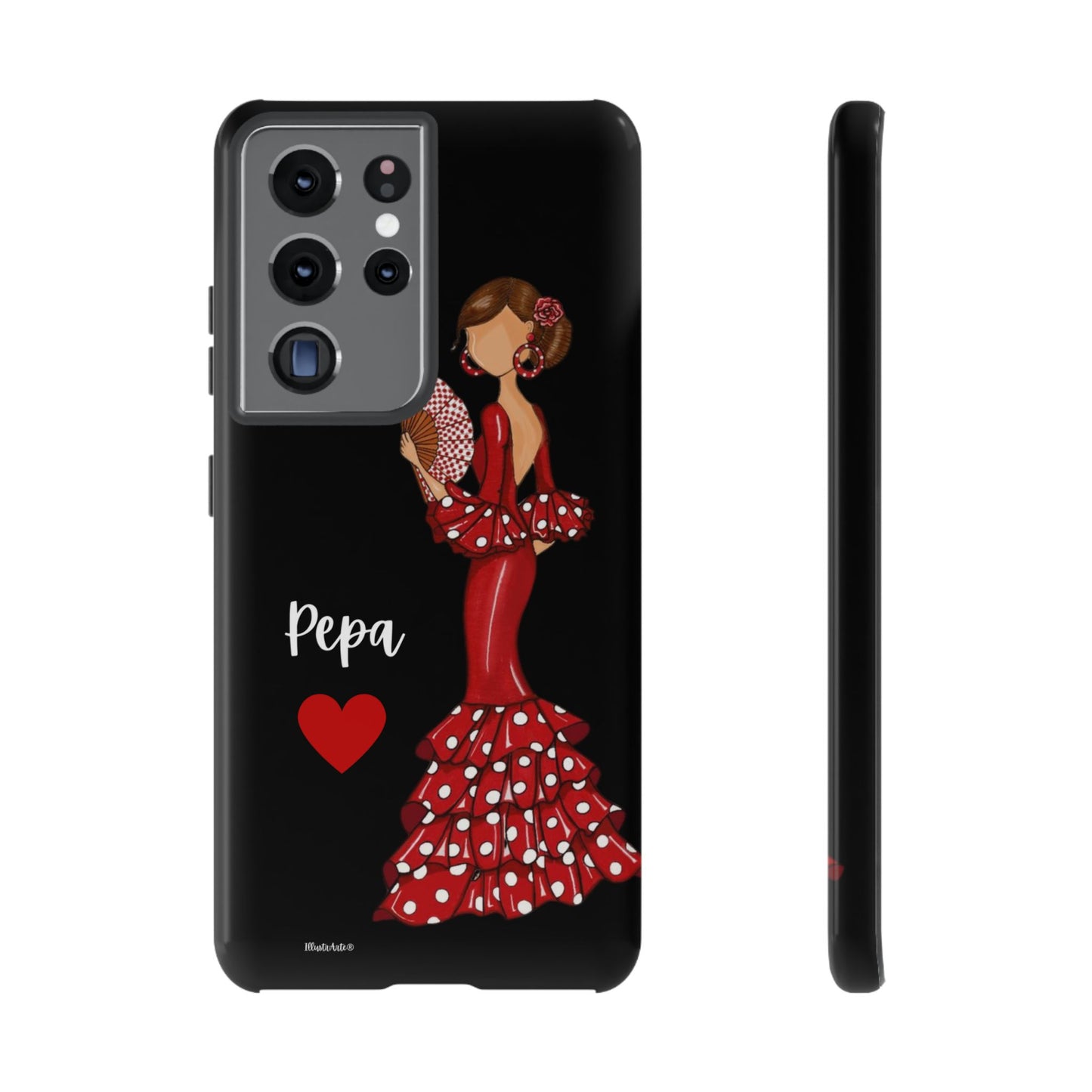 una funda de teléfono con una mujer en un vestido rojo