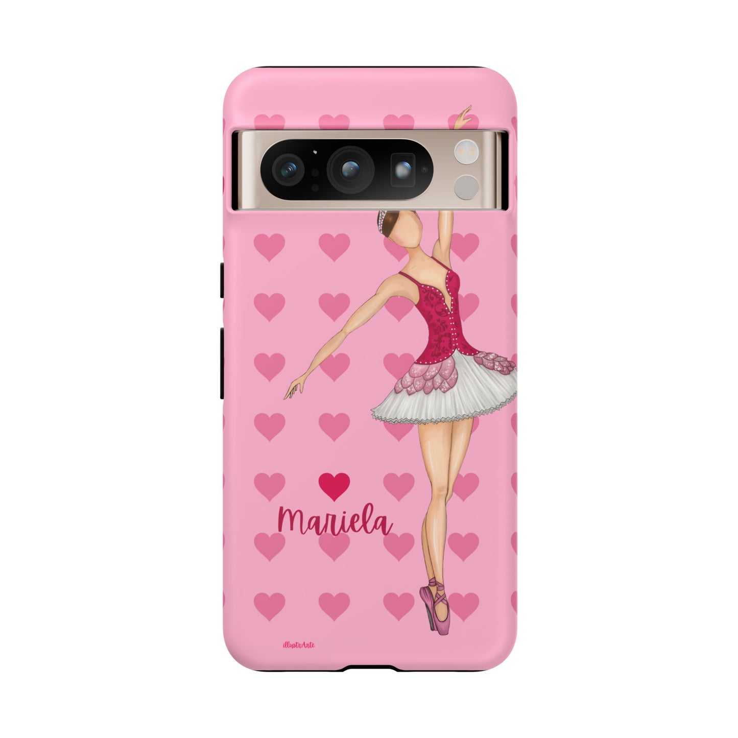 una funda de teléfono rosa con una imagen de una bailarina