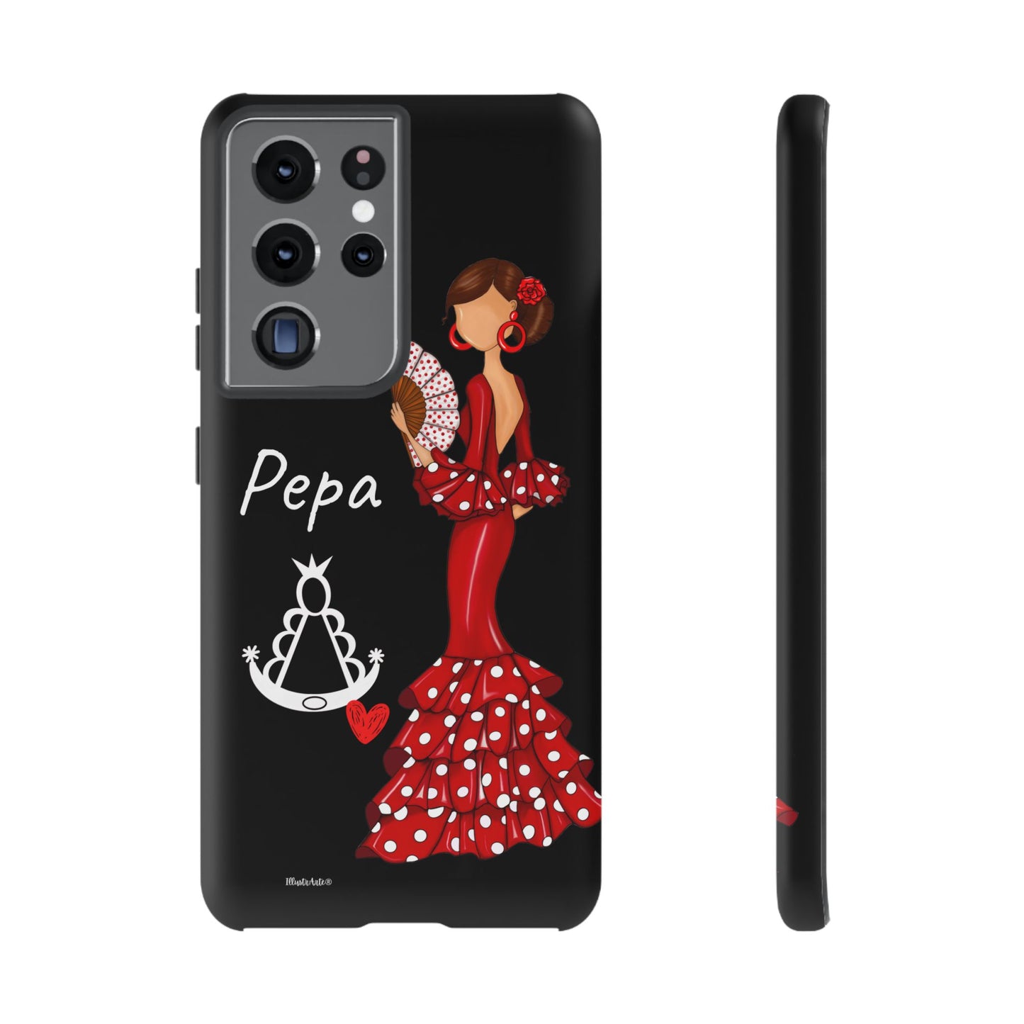 una funda de teléfono con una mujer en un vestido rojo