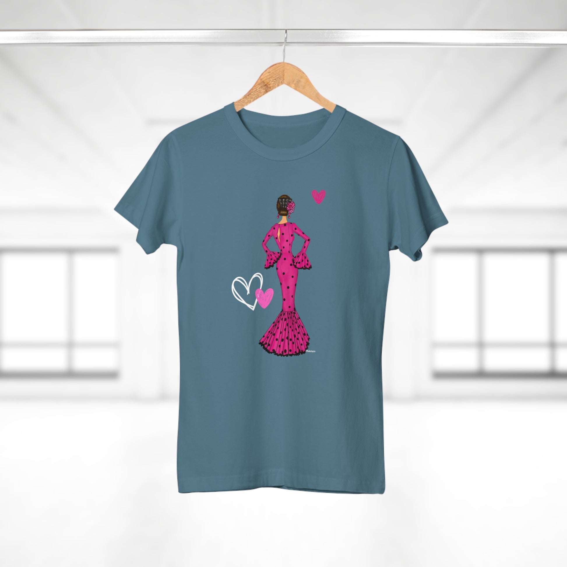 a t - shirt with a woman in a pink dress holding a heart