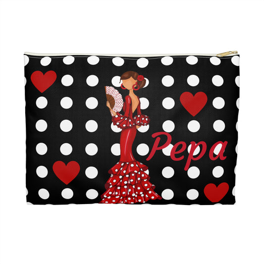 a polka dot purse with a woman in a red dress