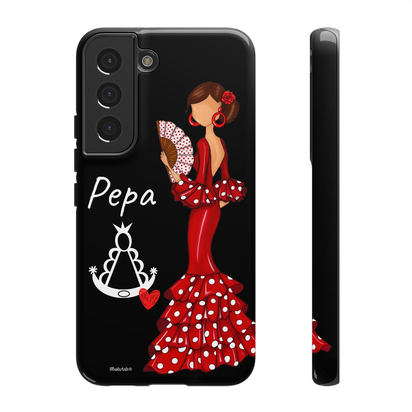 una funda de teléfono con una mujer en un vestido rojo