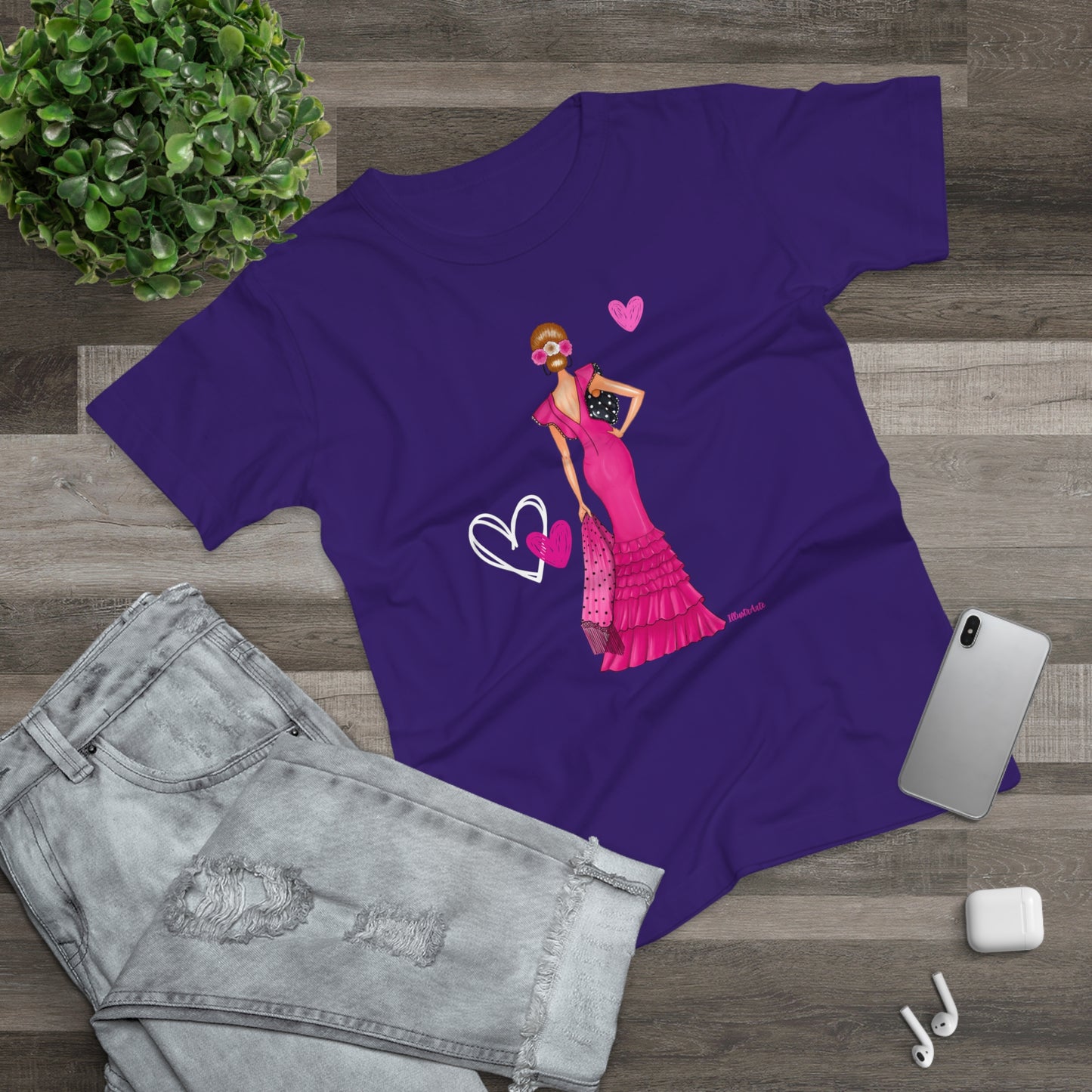 a purple t - shirt with a woman in a pink dress