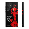Funda de teléfono personalizable María rojo pelo oscuro fondo negro – para iPhone, Samsung, Pixel