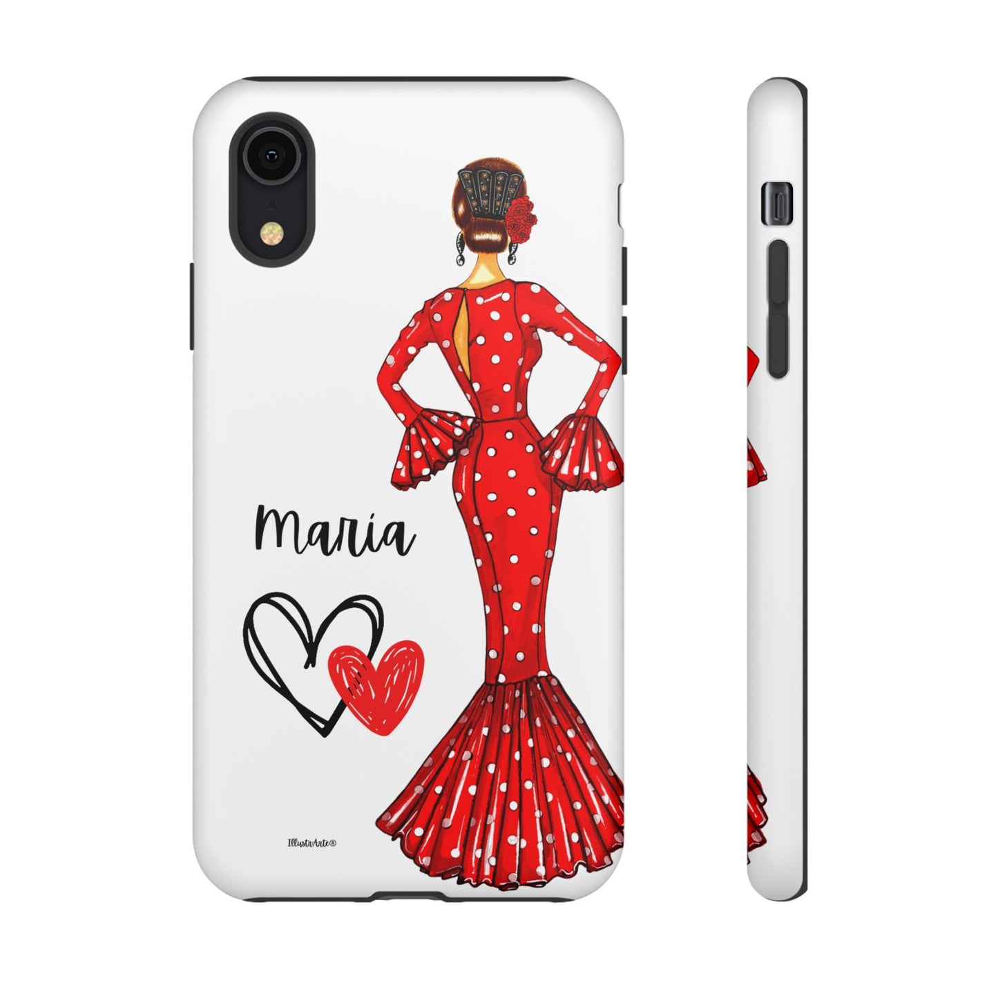 una funda de teléfono con una mujer en un vestido rojo