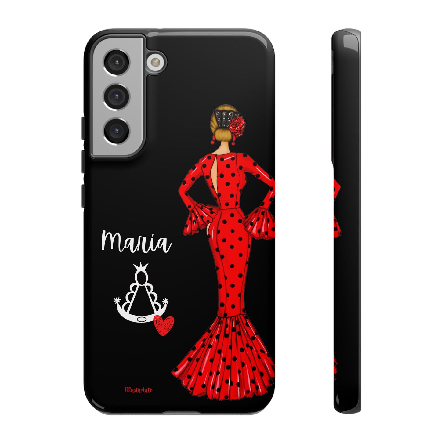 una funda de teléfono con una mujer en un vestido rojo