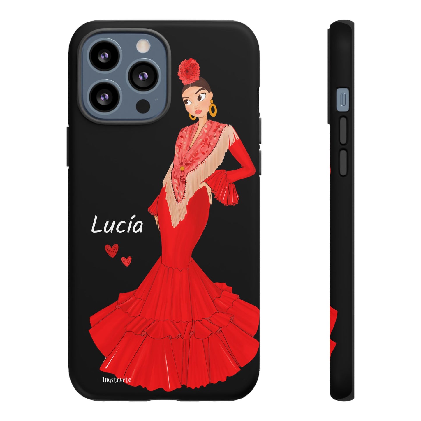 una funda de teléfono con una mujer en un vestido rojo