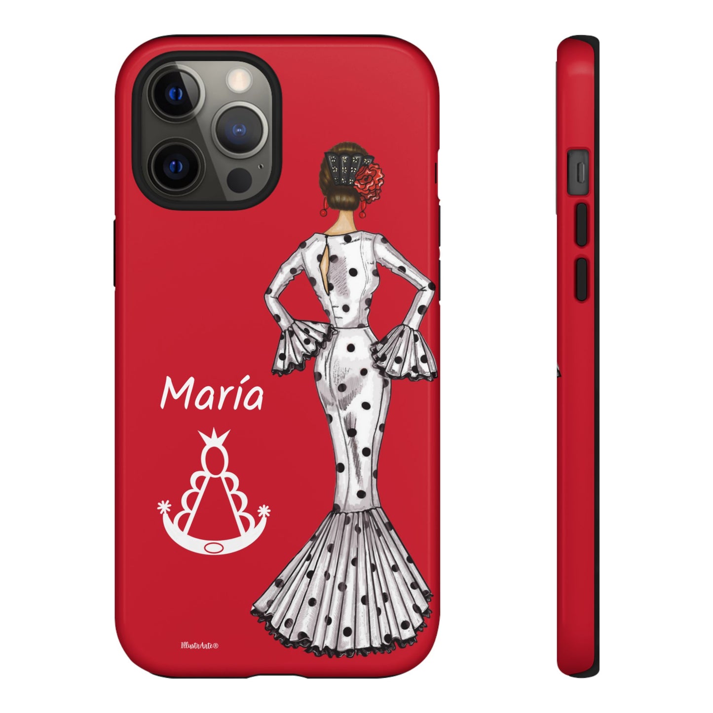 una funda de teléfono roja con una imagen de una mujer en un vestido