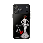 Personalised phone case flamenco dancer María Blanco, with the Virgen del Rocío for iPhone 17 Pro Max, gloss finish – illustrArte