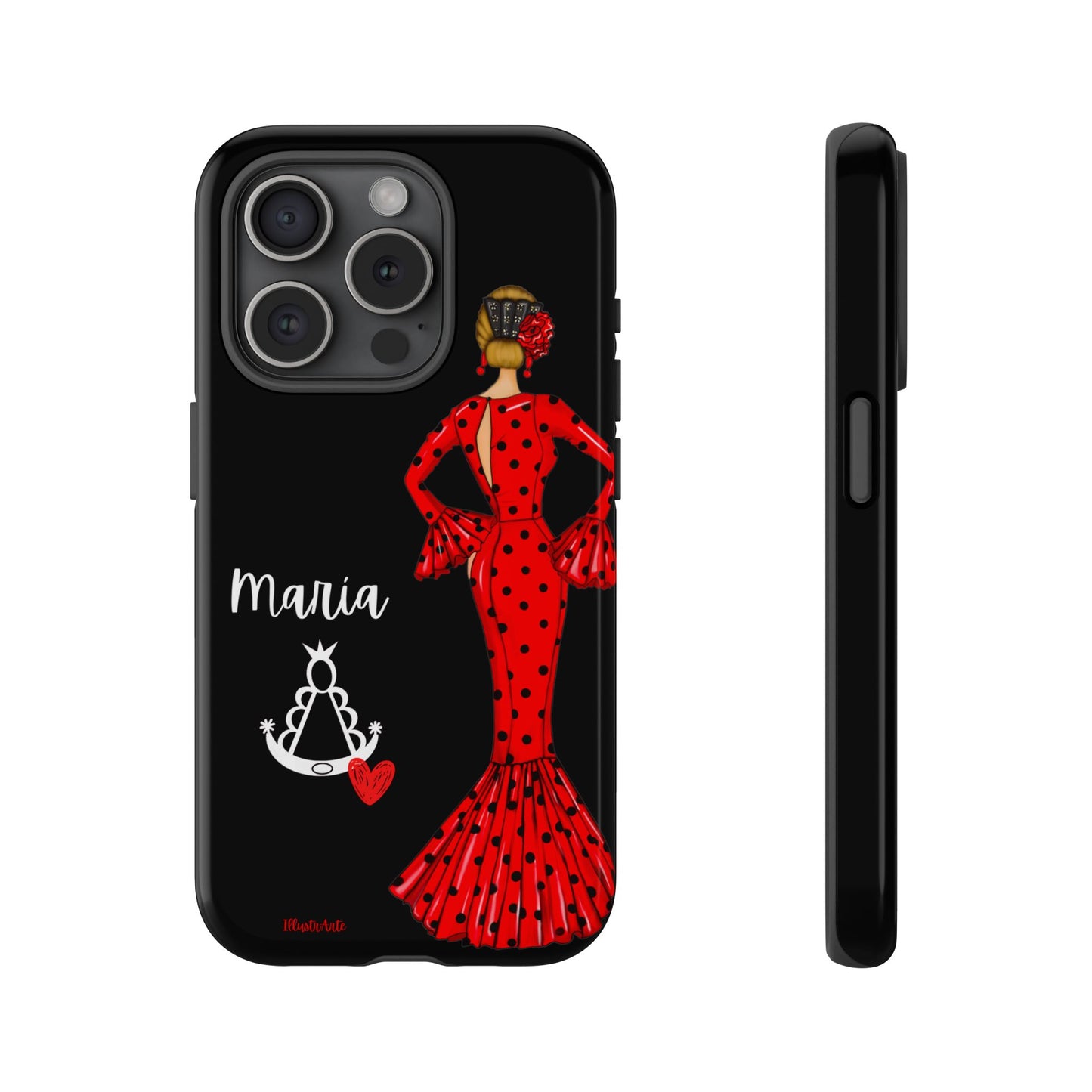 una funda de teléfono con una mujer en un vestido rojo