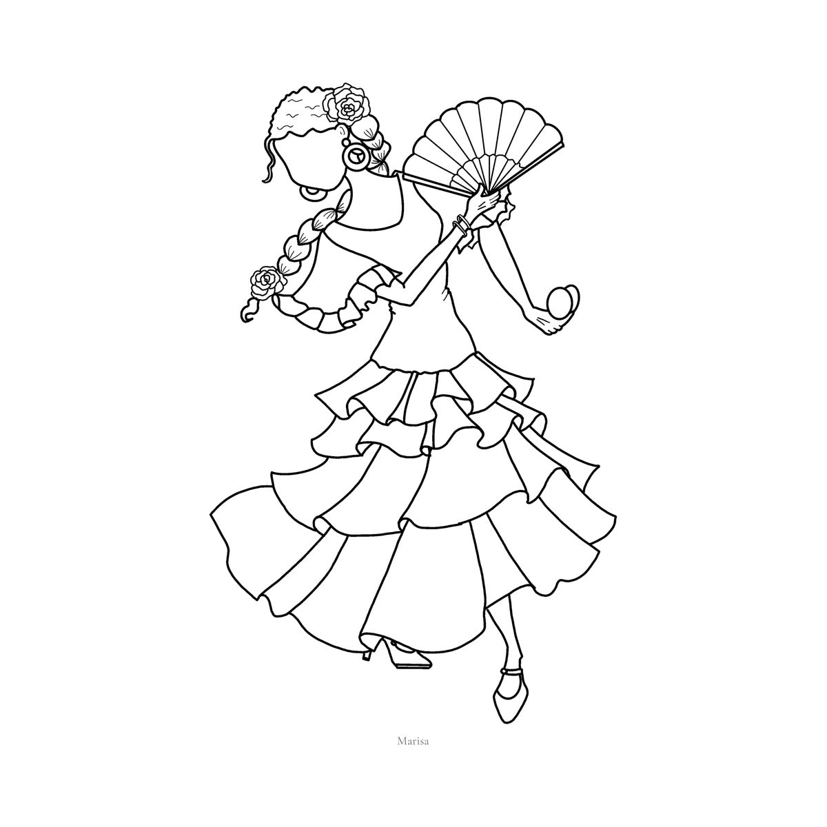 Página del cuaderno: flamenca con abanico lista para colorear