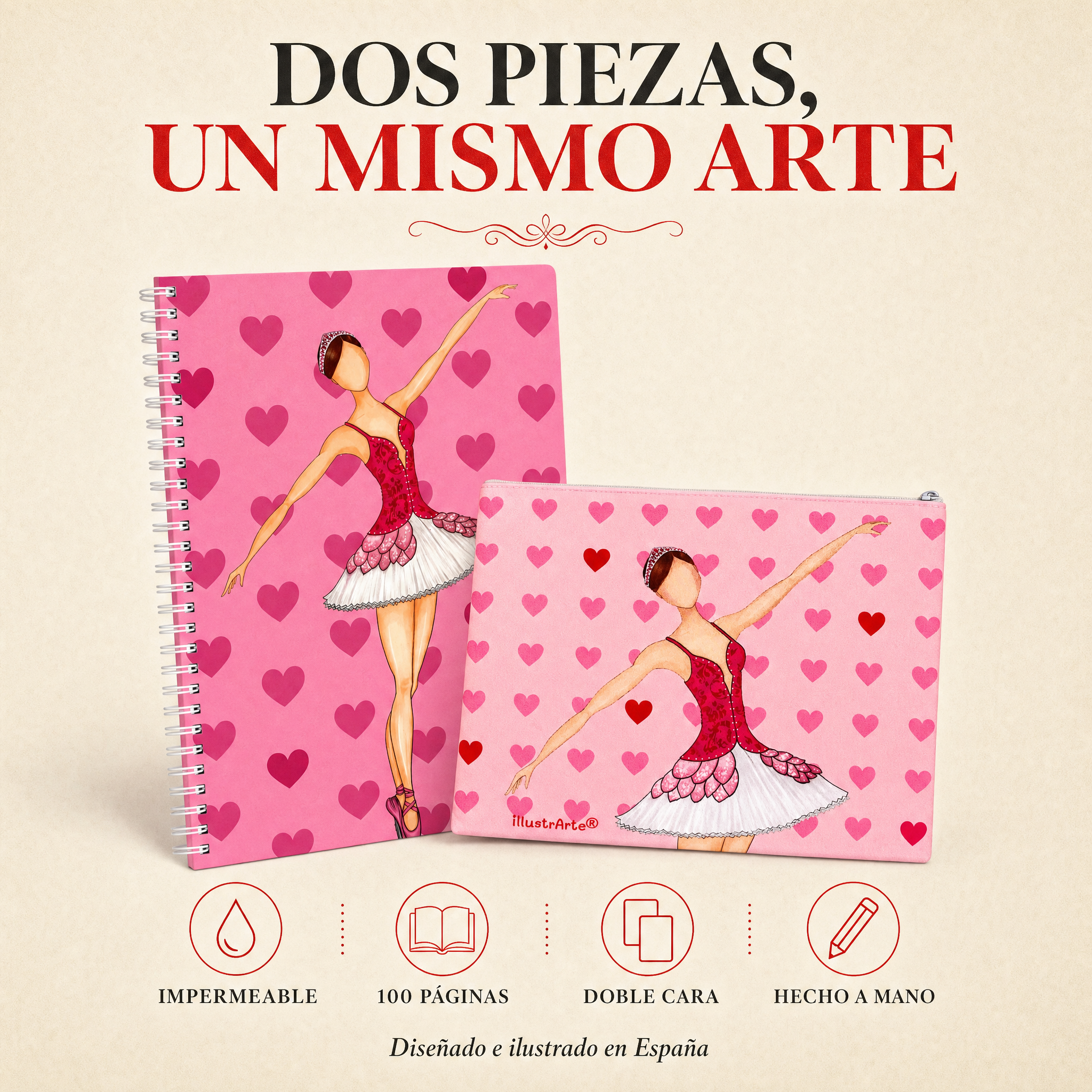 Características del pack Bailarina Mariela: impermeable, 100 páginas, doble cara