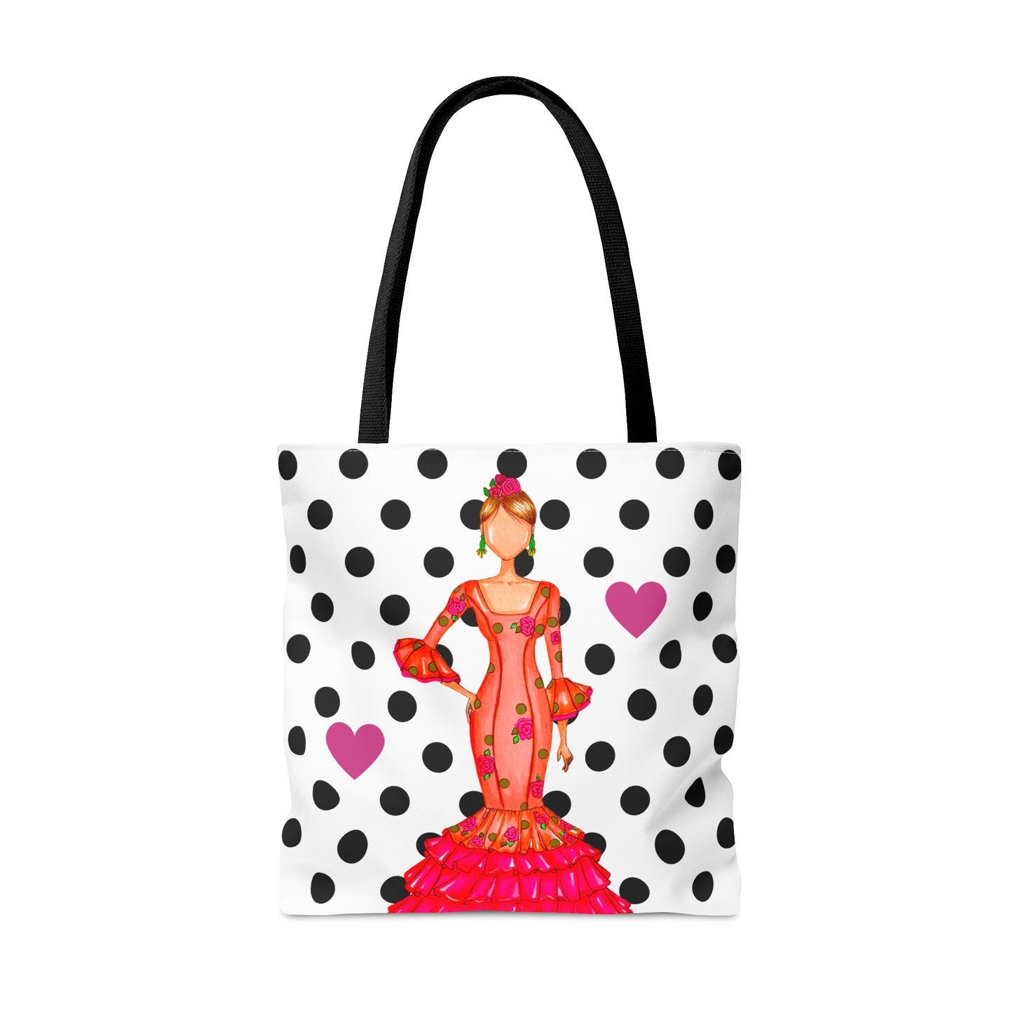 a tote bag with a woman in a polka dot dress