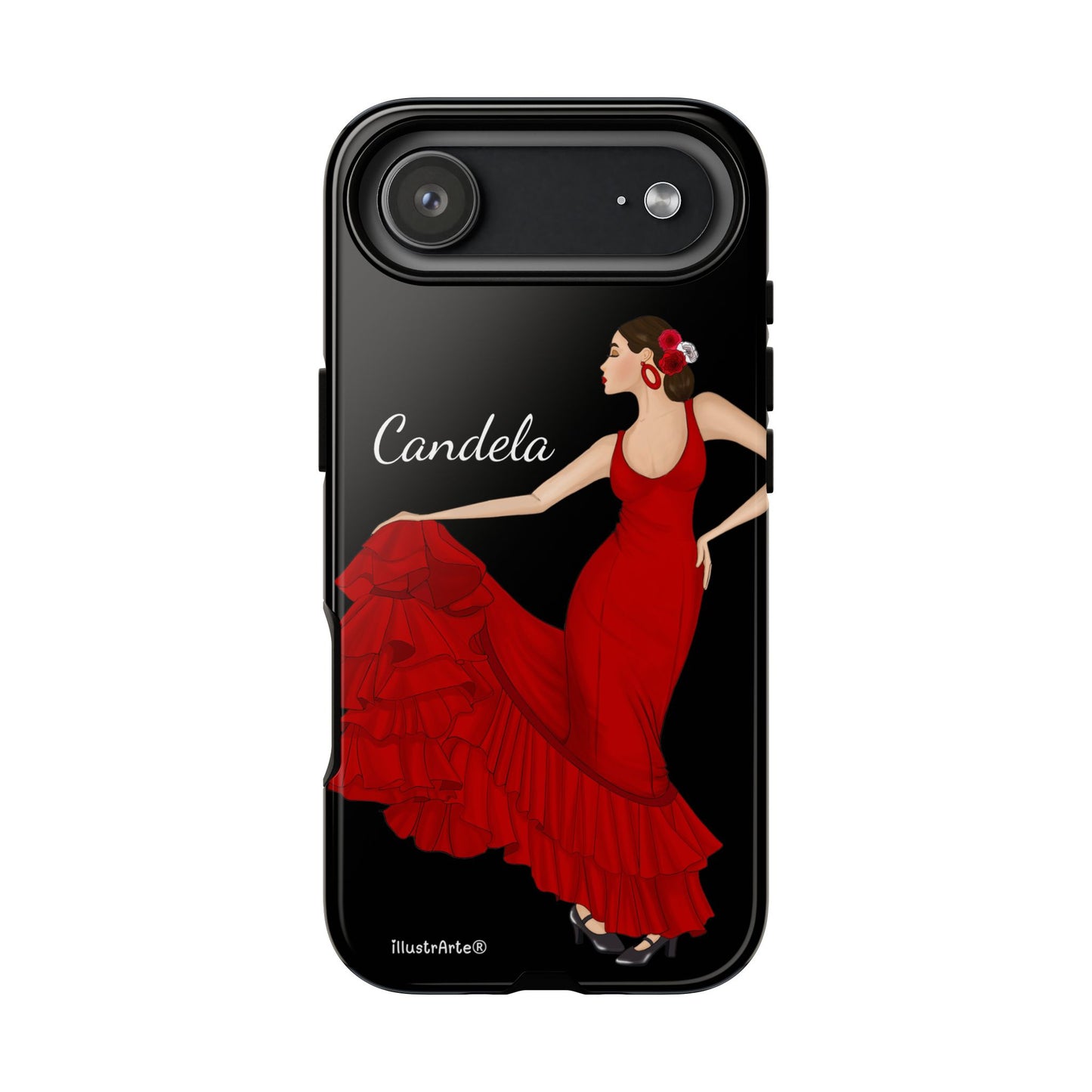 Capa de telefone personalizável. Modelo Candela com fundo preto. Para iPhone, Samsung Galaxy S e Google Pixel. 