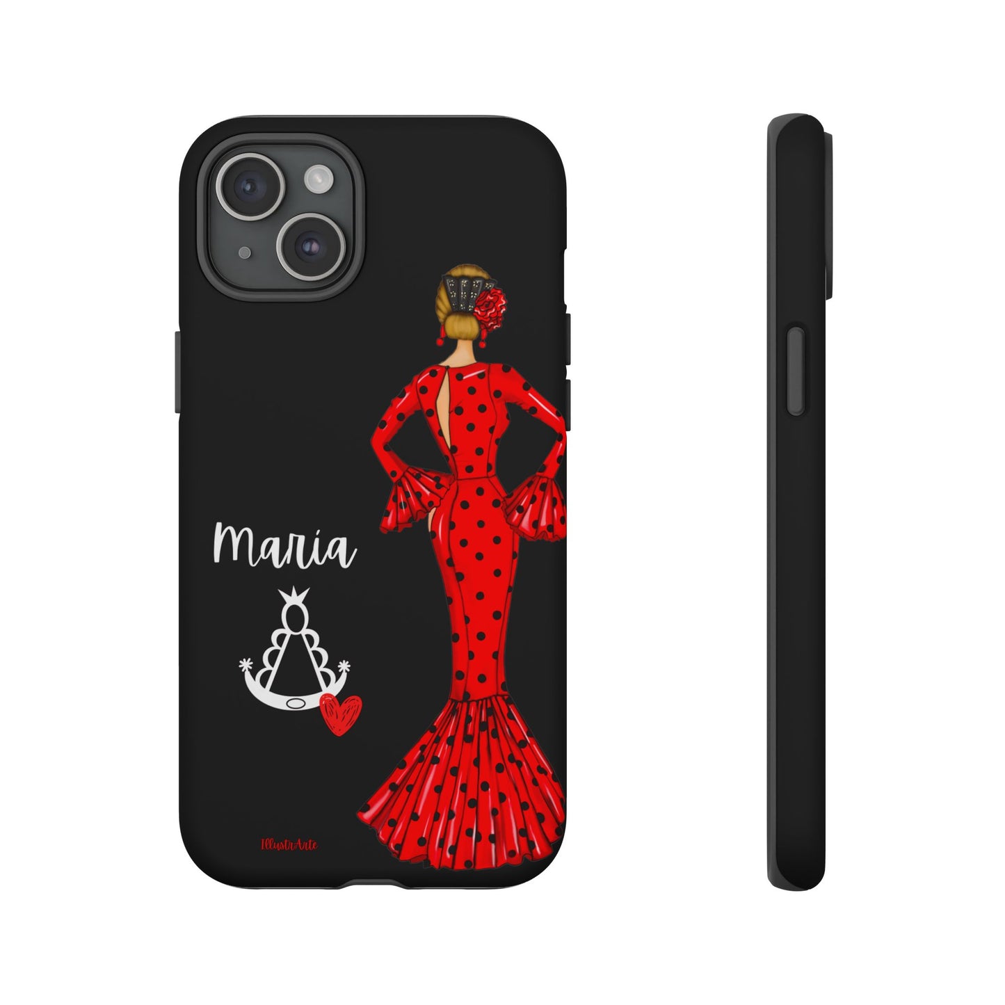 una funda de teléfono con una mujer en un vestido rojo