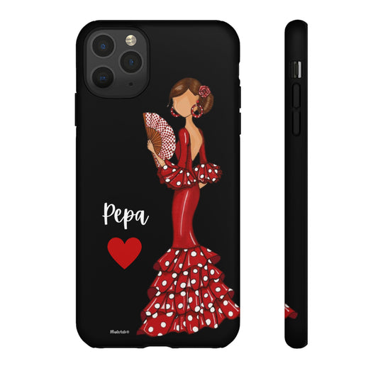 una funda de teléfono con una mujer en un vestido rojo