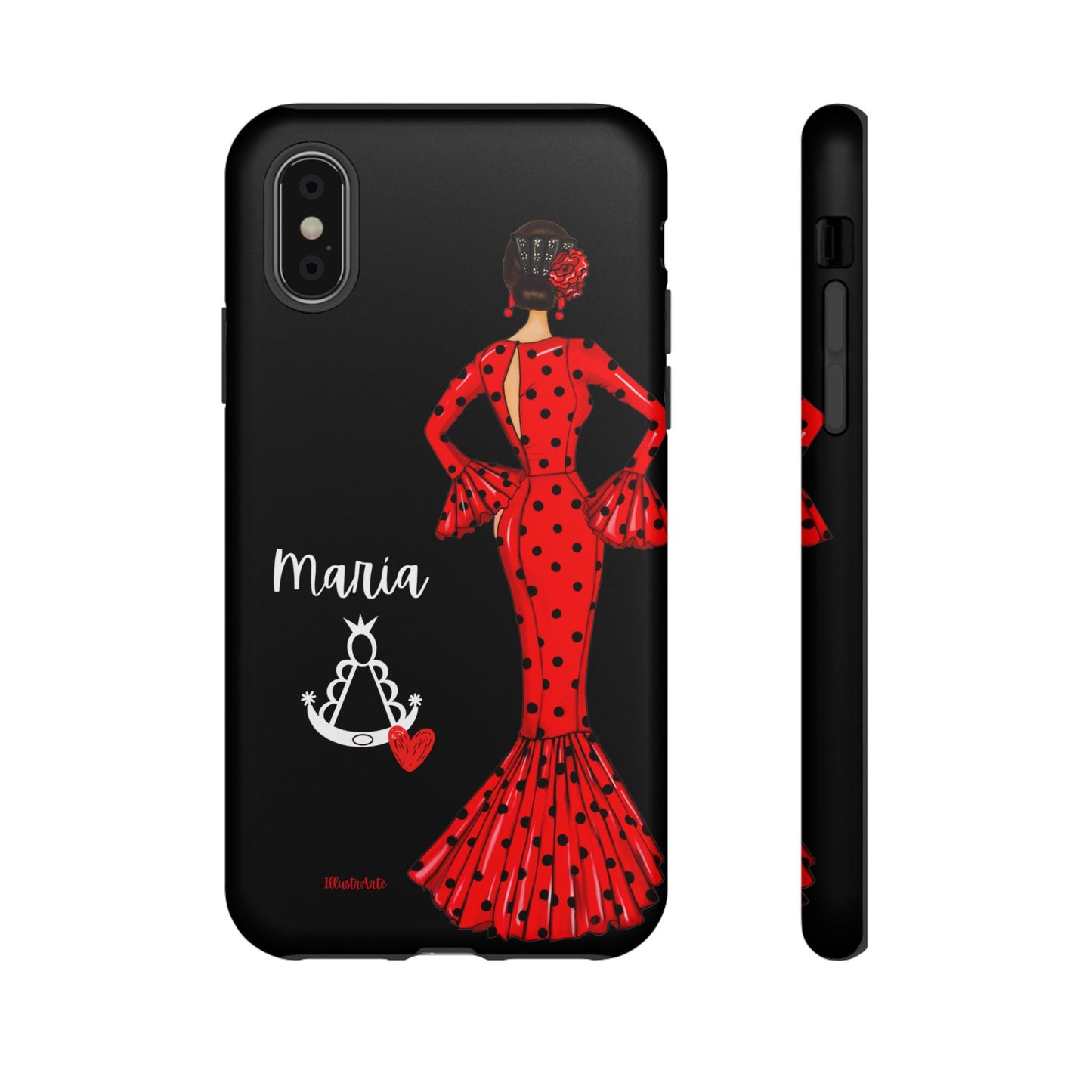 una funda de teléfono con una mujer en un vestido rojo