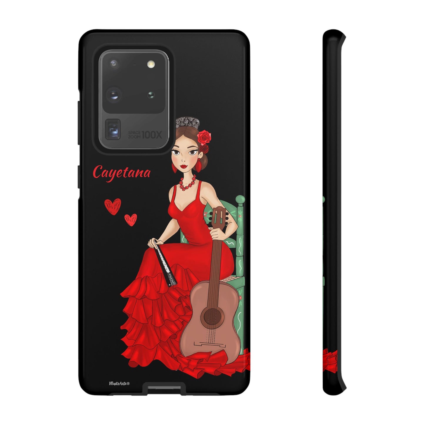 una funda de teléfono con una mujer en un vestido rojo sosteniendo una guitarra