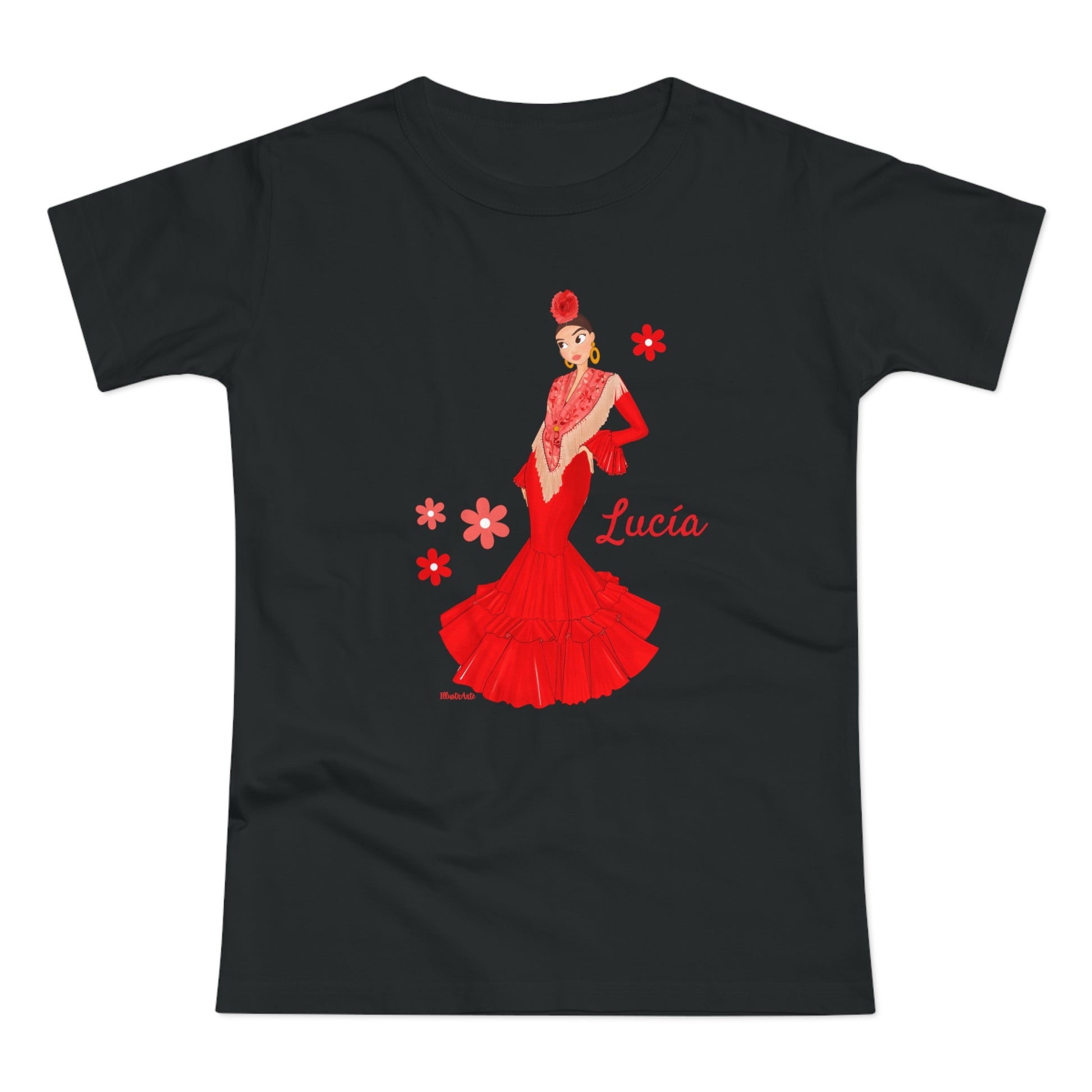 a black t - shirt with a woman in a red dress