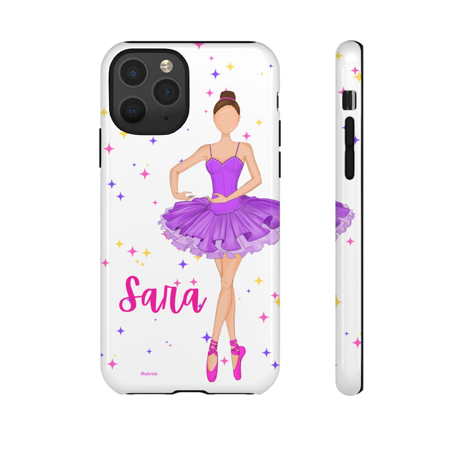 una funda de teléfono personalizada con una bailarina en púrpura