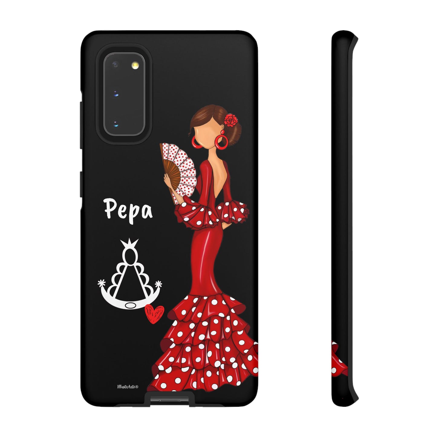 Personalized Pepa phone case on a black background with the Virgin Mary – for iPhone, Samsung, Pixel