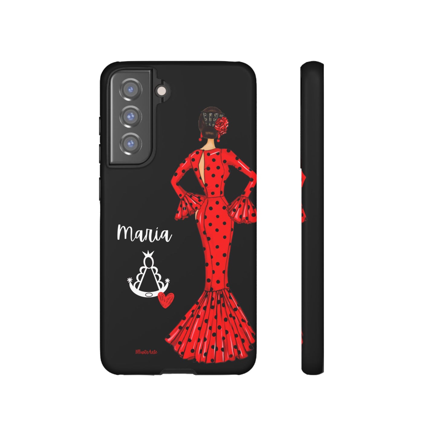 una funda de teléfono con una mujer en un vestido rojo