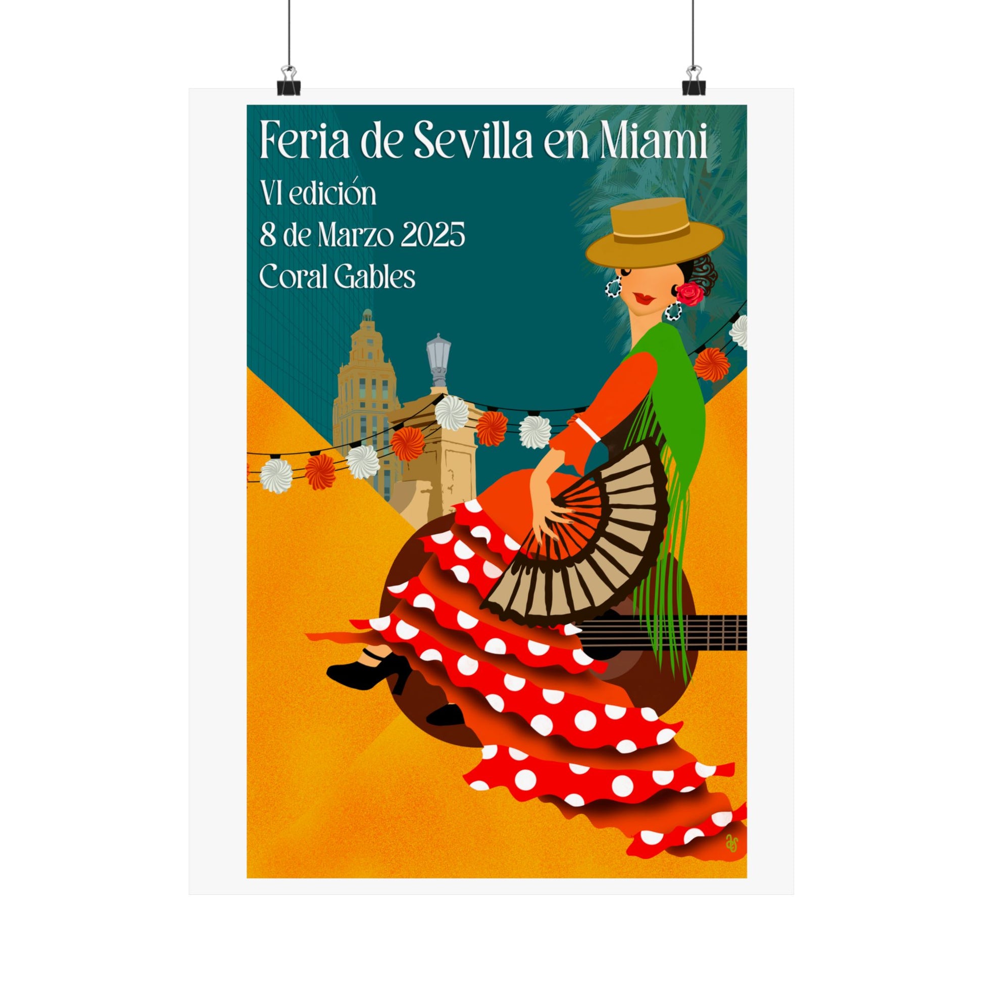 Póster de la Feria de Sevilla en Miami, arte flamenco vibrante, ideal para decorar espacios y celebrar tradiciones.