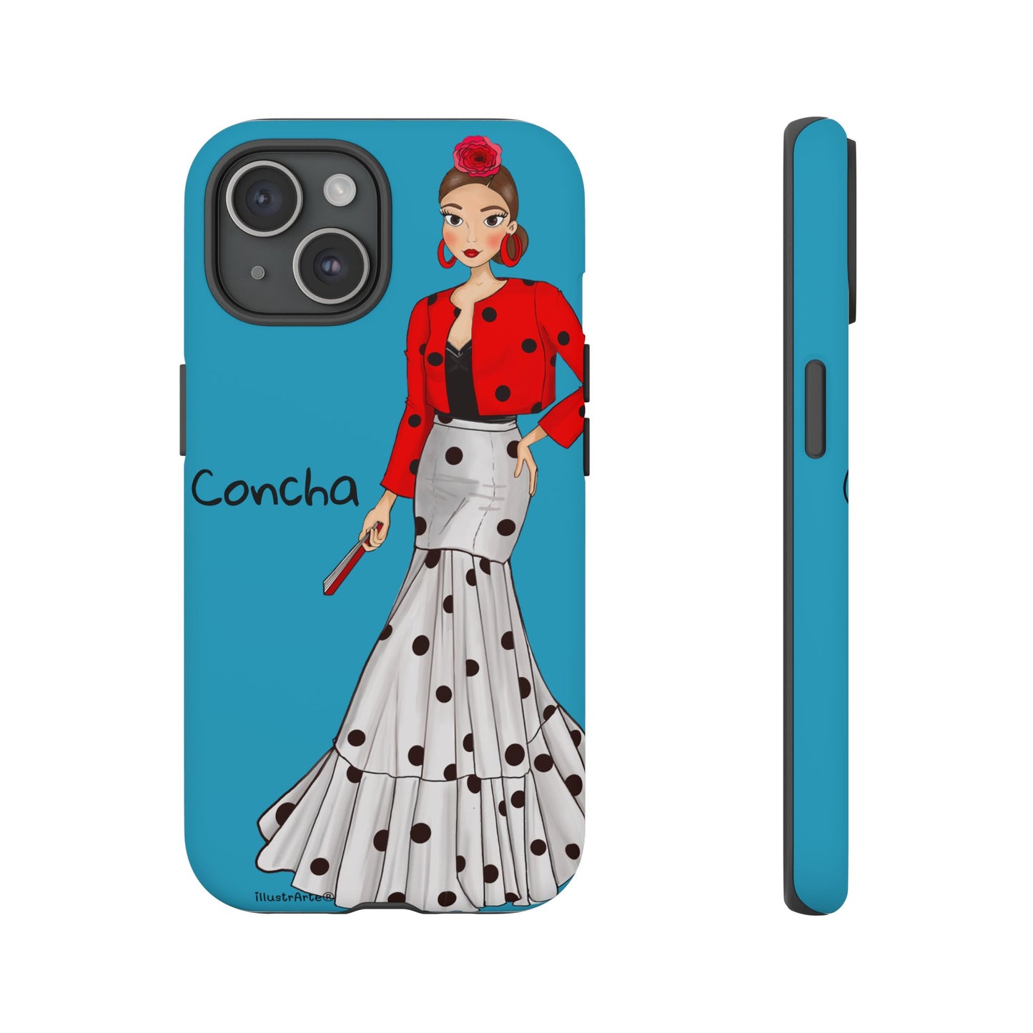 Ambiente alegre con la funda de teléfono personalizable, Modelo Conchita fondo azul.