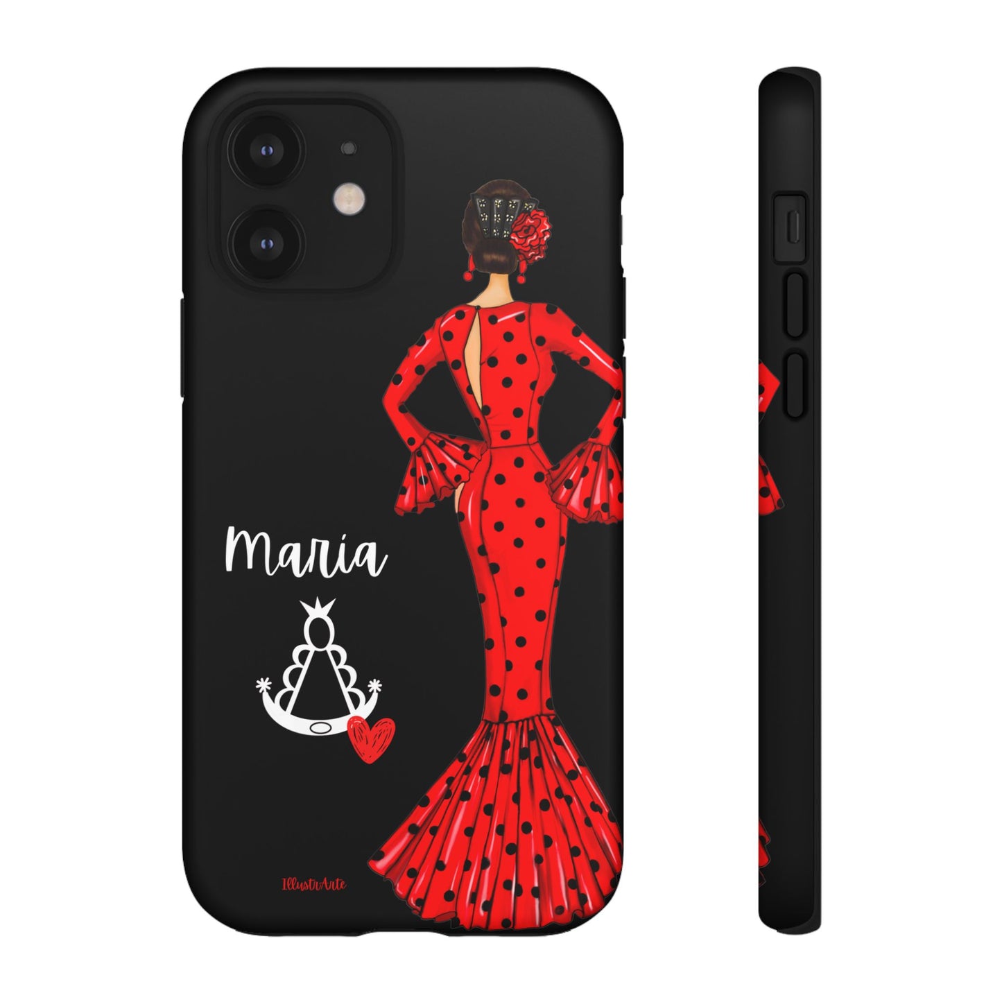 una funda de teléfono con una mujer en un vestido rojo