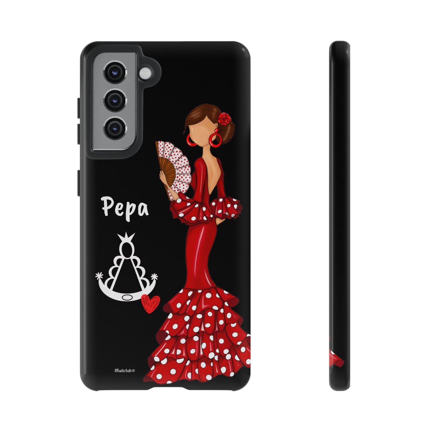 Personalized Pepa phone case on a black background with the Virgin Mary – for iPhone, Samsung, Pixel