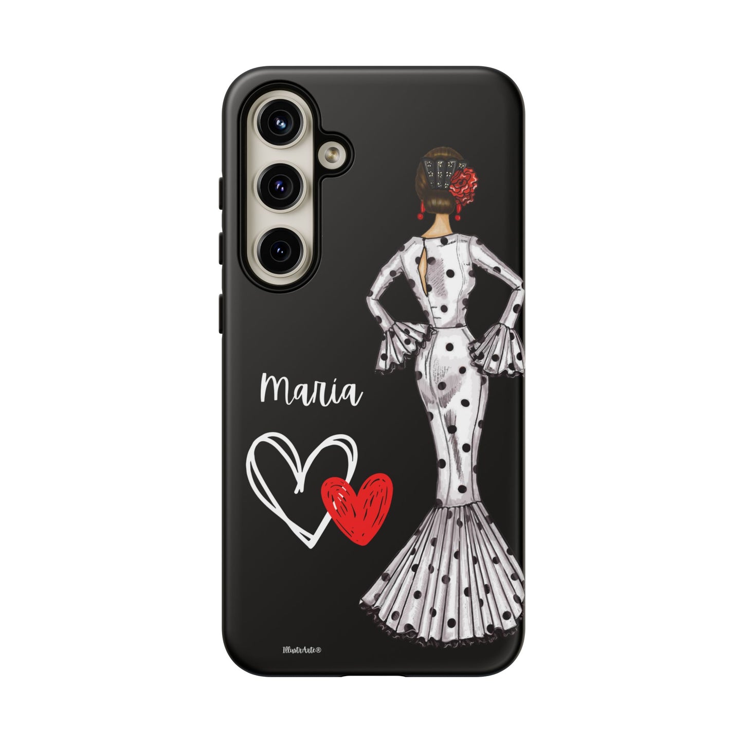 una funda de teléfono negra con una imagen de una mujer en un vestido de lunares y