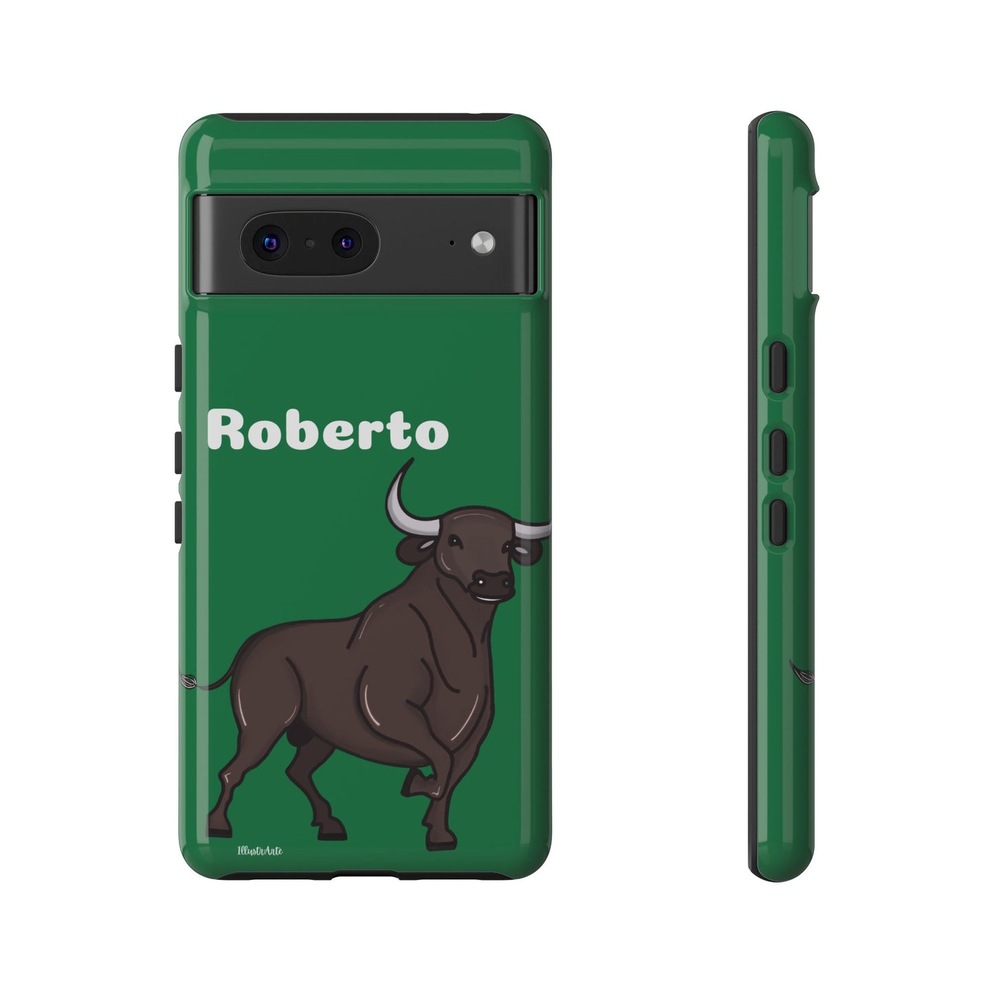 una funda de teléfono verde con un toro en ella