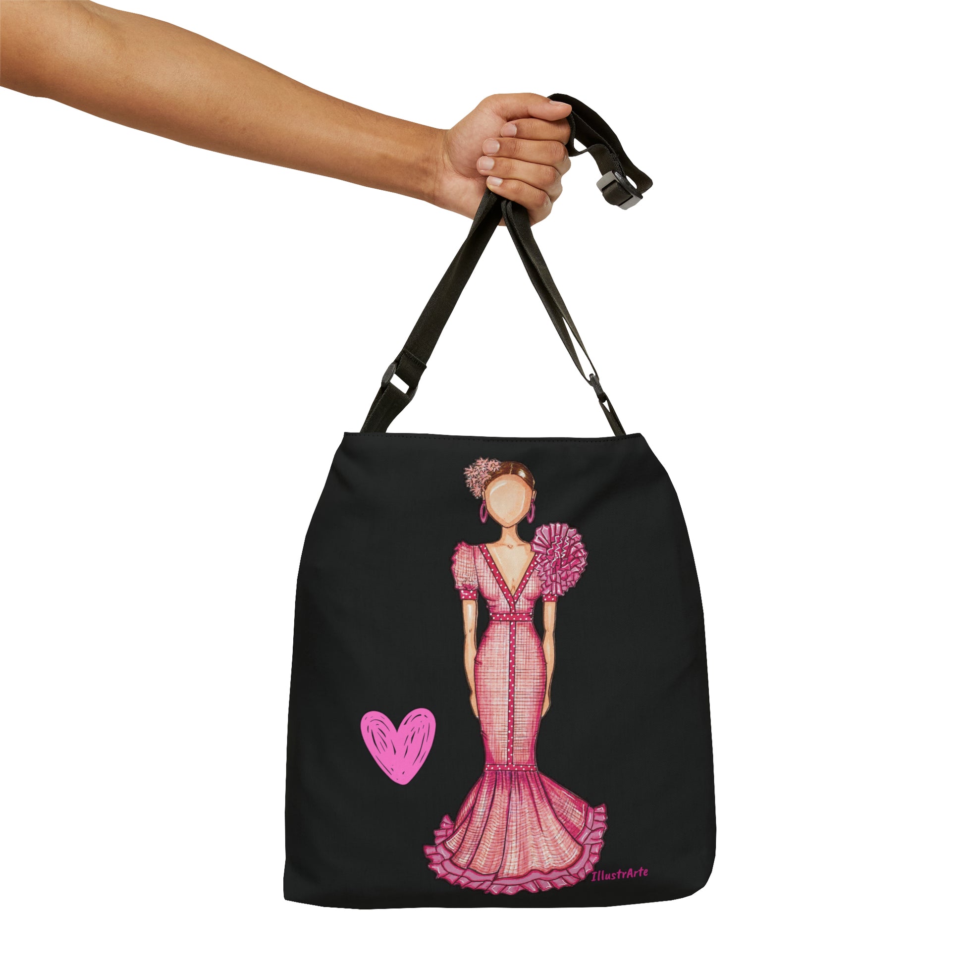 Flamenco Dancer Tote Bag with zip, pink dress and a pink heart design. - IllustrArte