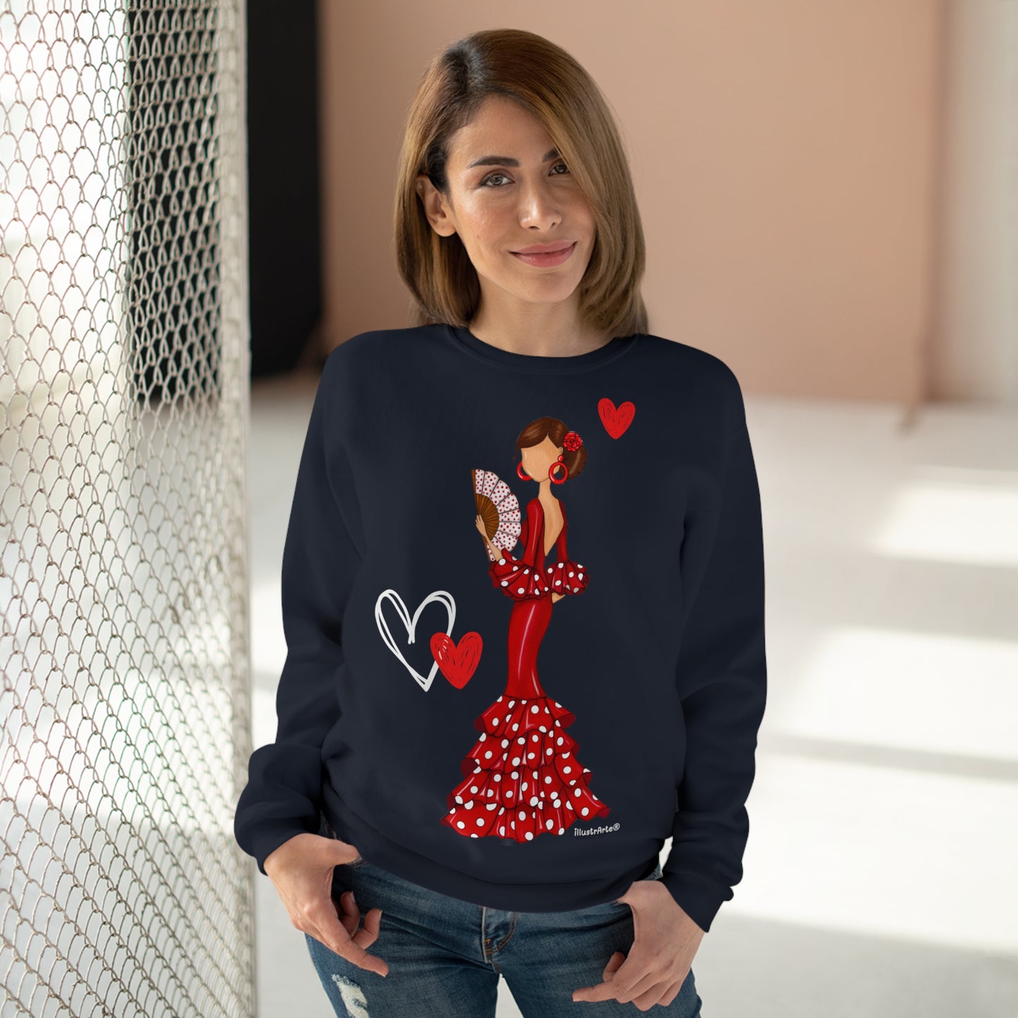 NUEVO  Flamenco lovers white Crewneck Sweatshirt, beautiful flamenco dancer in a pink dress with hearts.