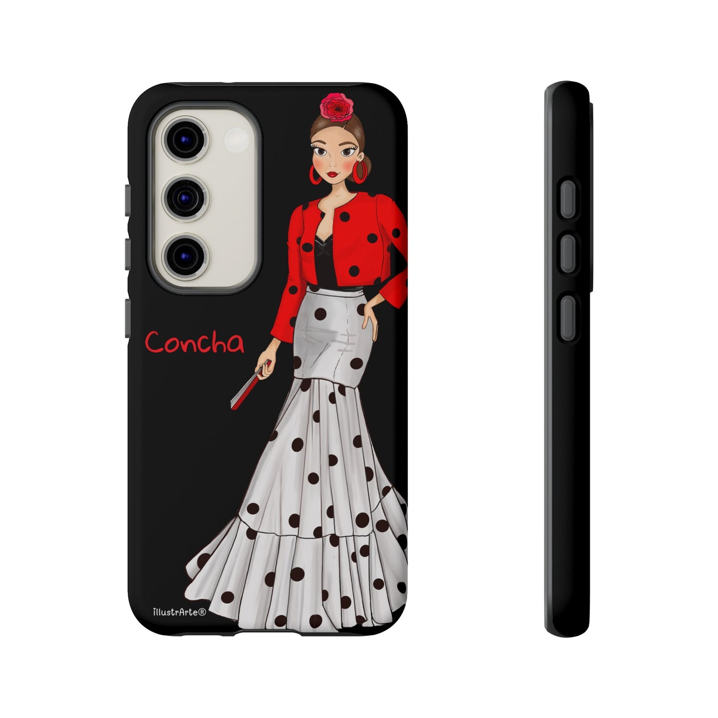 Funda de teléfono Modelo Conchita en fondo negro, resaltando su durabilidad.