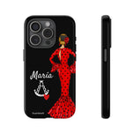 Personalised phone case flamenco dancer María, red dress, with a little Virgin Mary for iPhone 15 Pro, gloss finish – illustrArte