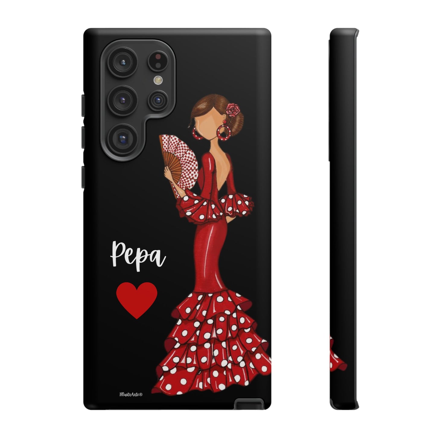 una funda de teléfono con una mujer en un vestido rojo sosteniendo un abanico