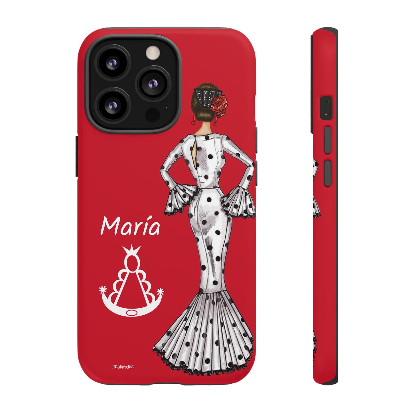 una funda de teléfono roja con una imagen de una mujer en un vestido