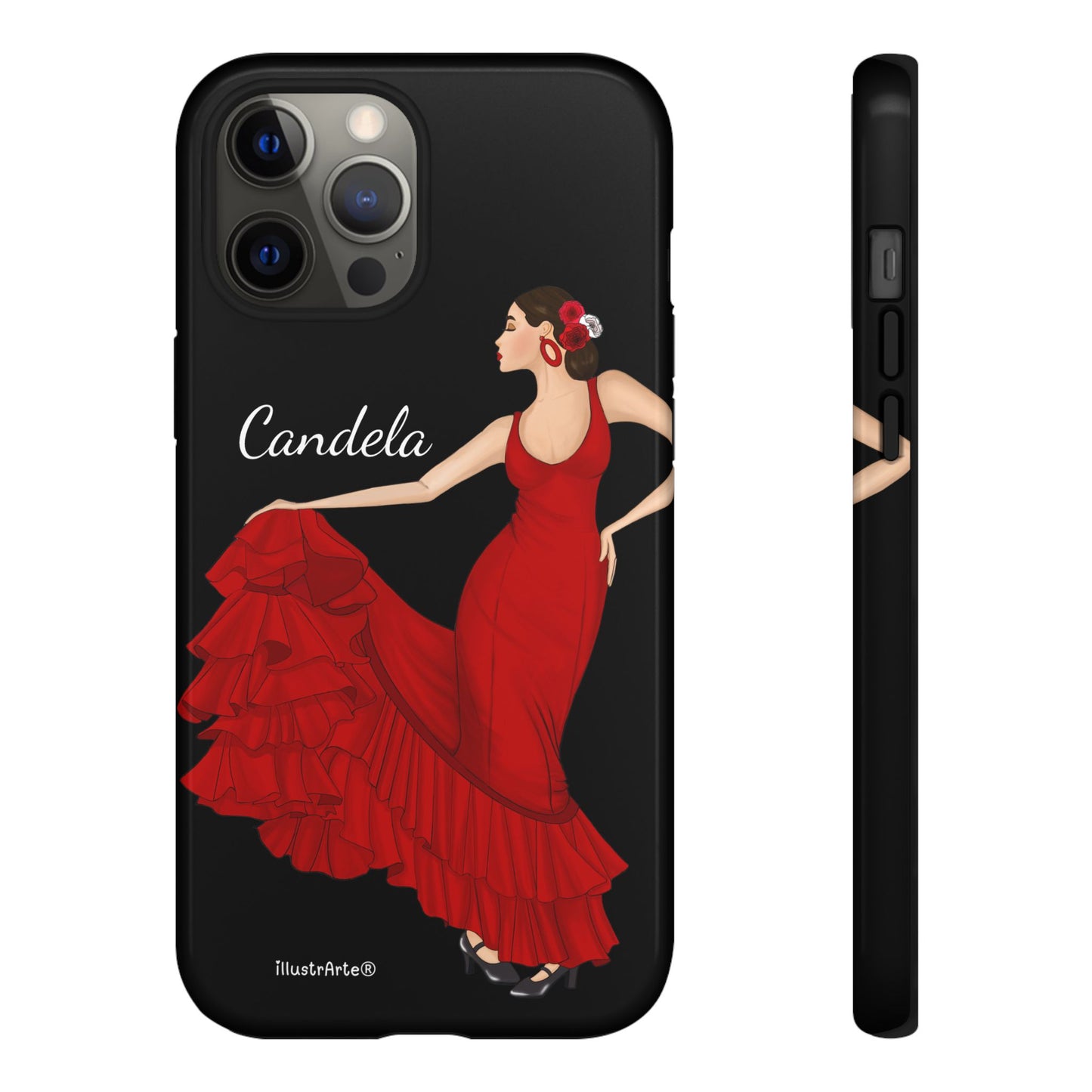 Capa de telefone personalizável. Modelo Candela com fundo preto. Para iPhone, Samsung Galaxy S e Google Pixel. 