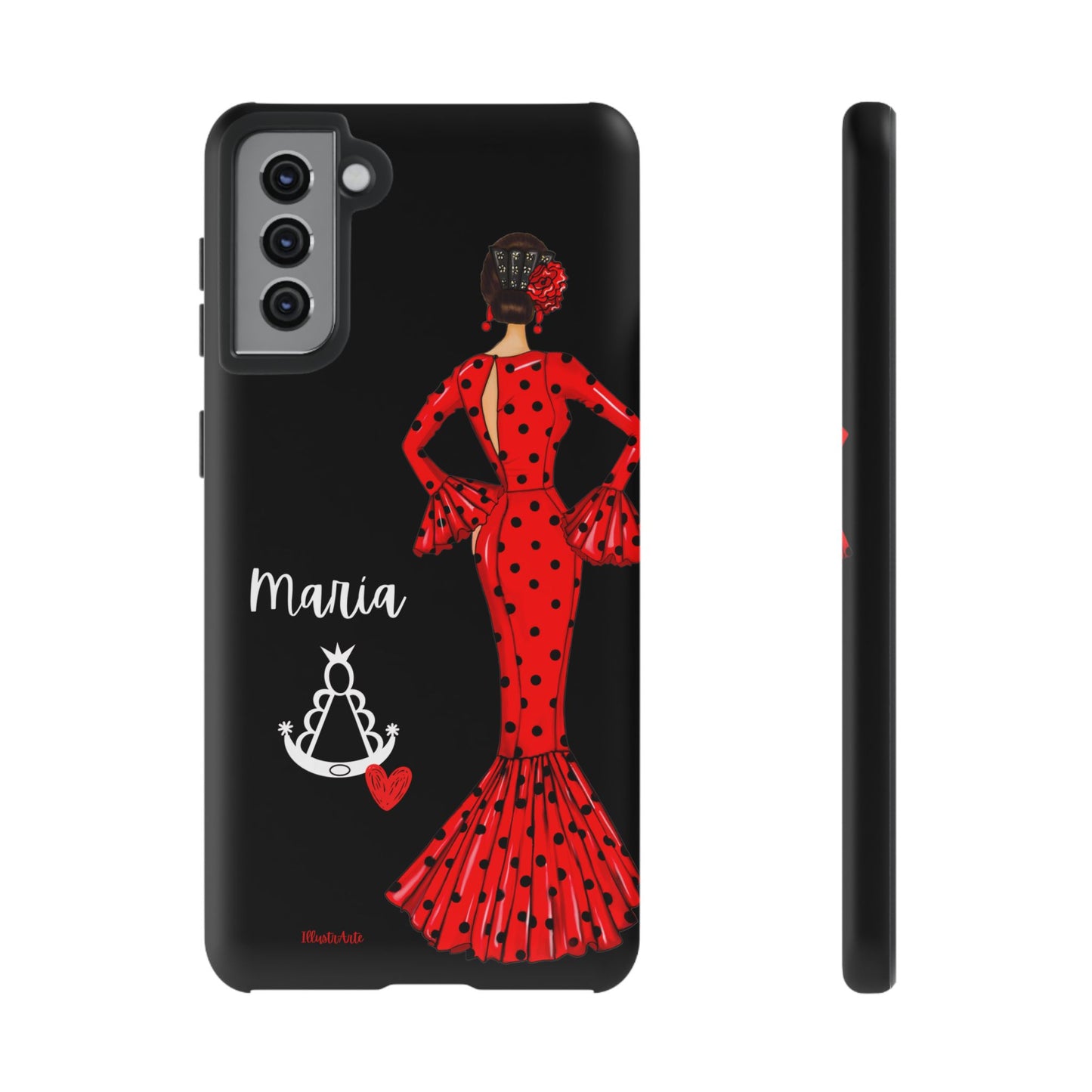 una funda de teléfono con una mujer en un vestido rojo