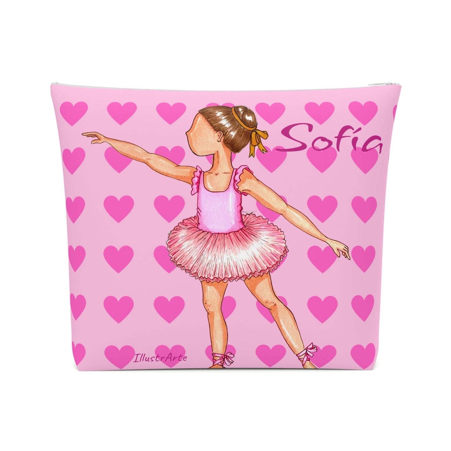 a pink cosmetic bag with a picture of a ballerina