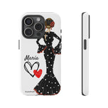 Personalised phone case flamenco dancer María, black dress for iPhone 15 Pro, gloss finish – illustrArte