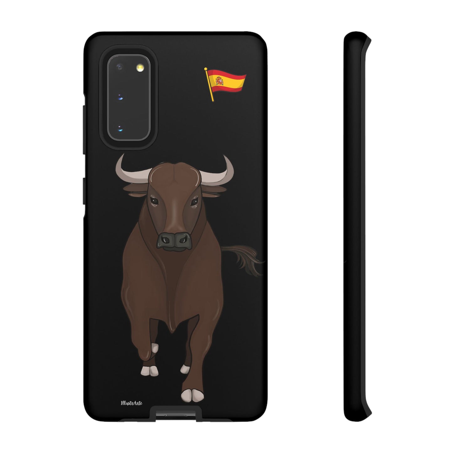 Funda de teléfono personalizable con nombre destacado, modelo toro Manuel, en mesa de madera.