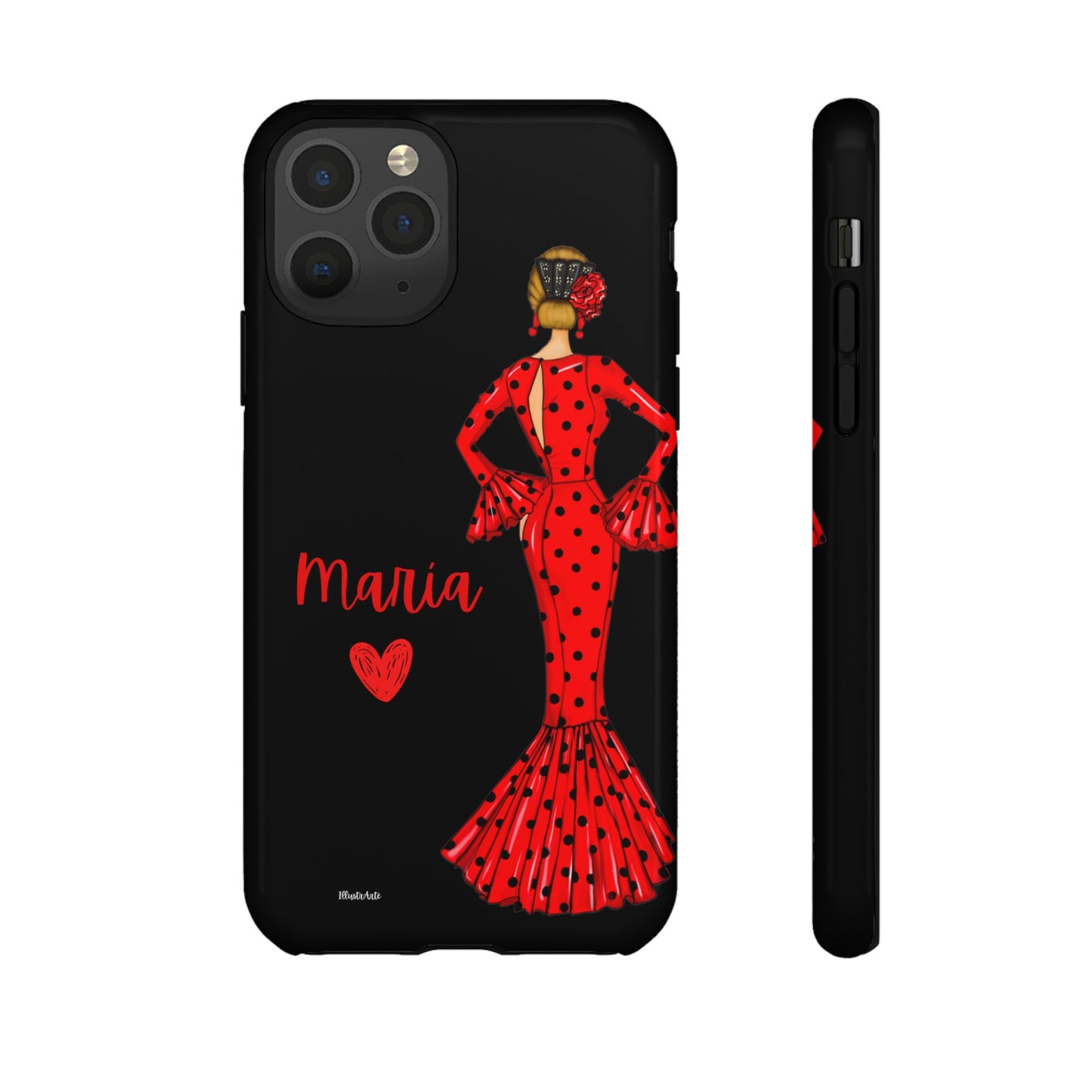 una funda de teléfono con una mujer en un vestido rojo