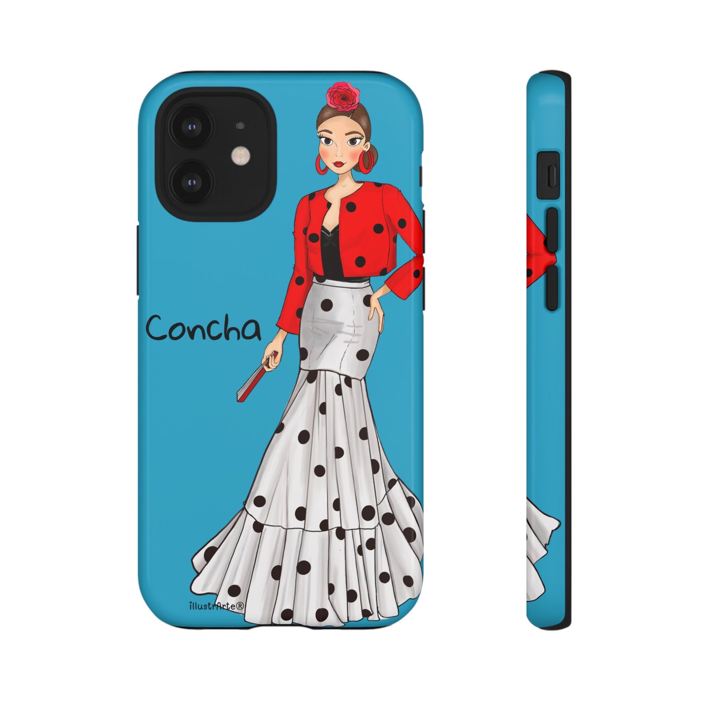 Vista lateral de la funda de teléfono personalizable con nombre y Virgen - Modelo Conchita fondo azul.