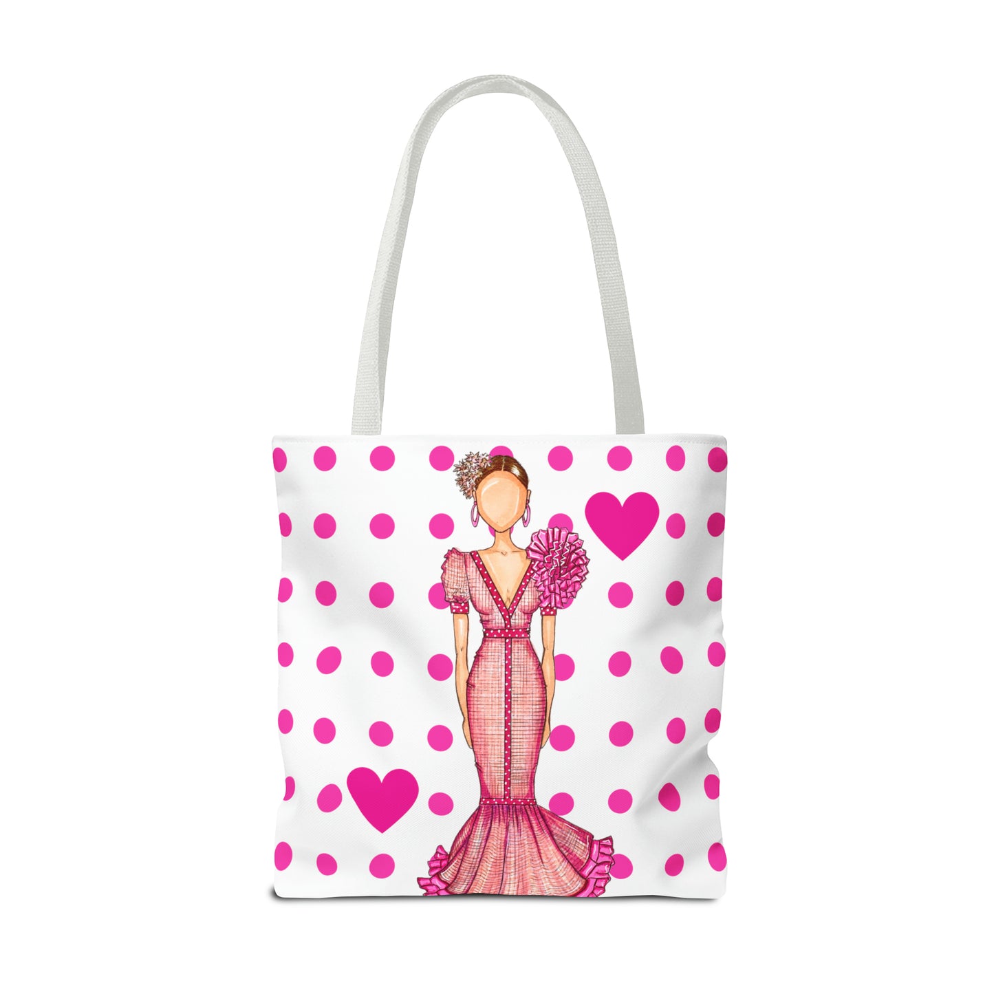 a pink and white polka dot bag with a woman in a pink dress