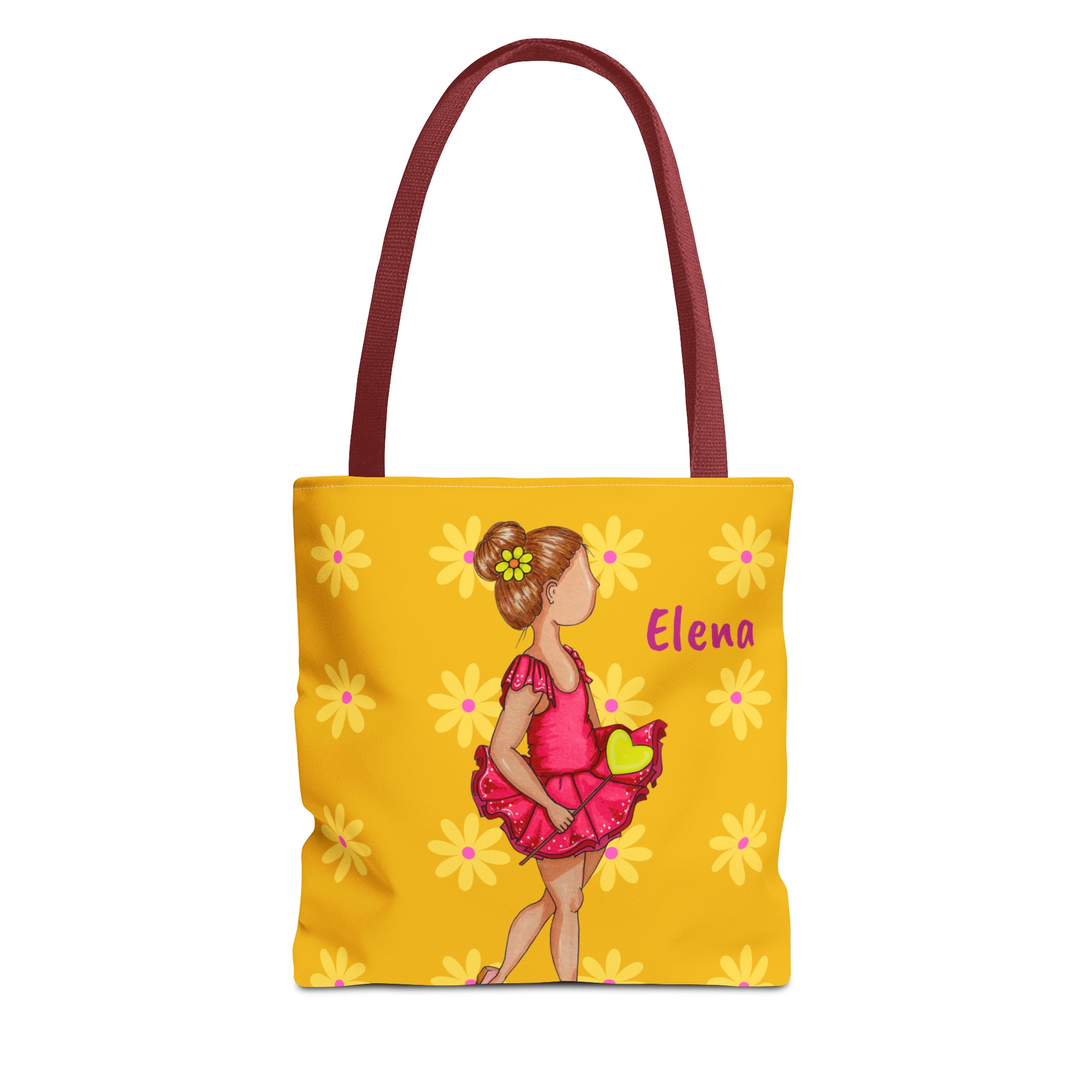 a yellow tote bag with a picture of a girl in a pink dress